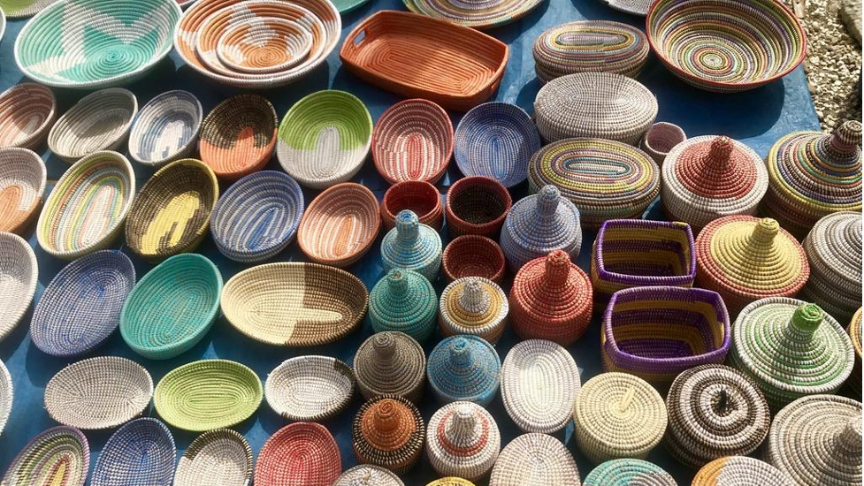 Handwoven Senegalese baskets at a local market in Dakar, Senegal